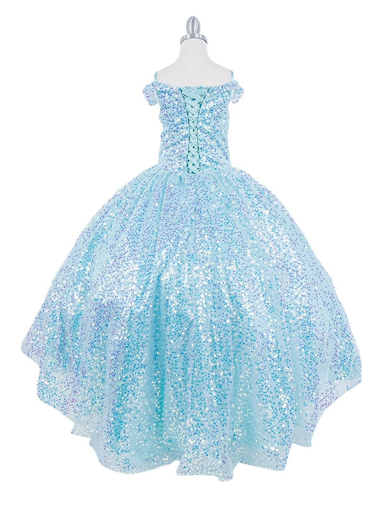 Girls Rainbow Sequin Glitter Tulle Off Shoulder Sweep Train Ball Gown, Size 8