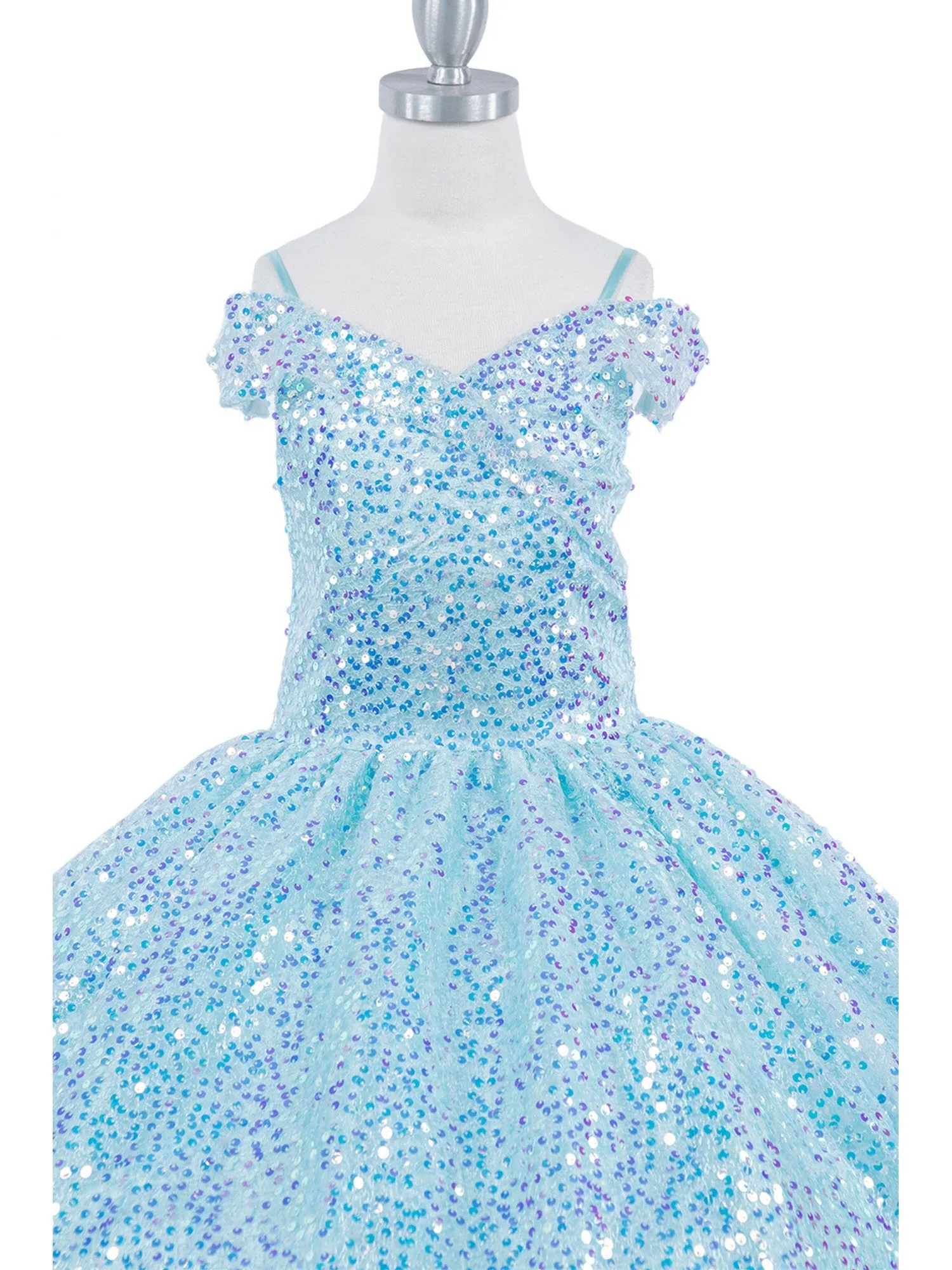 Girls Rainbow Sequin Glitter Tulle Off Shoulder Sweep Train Ball Gown, Size 8