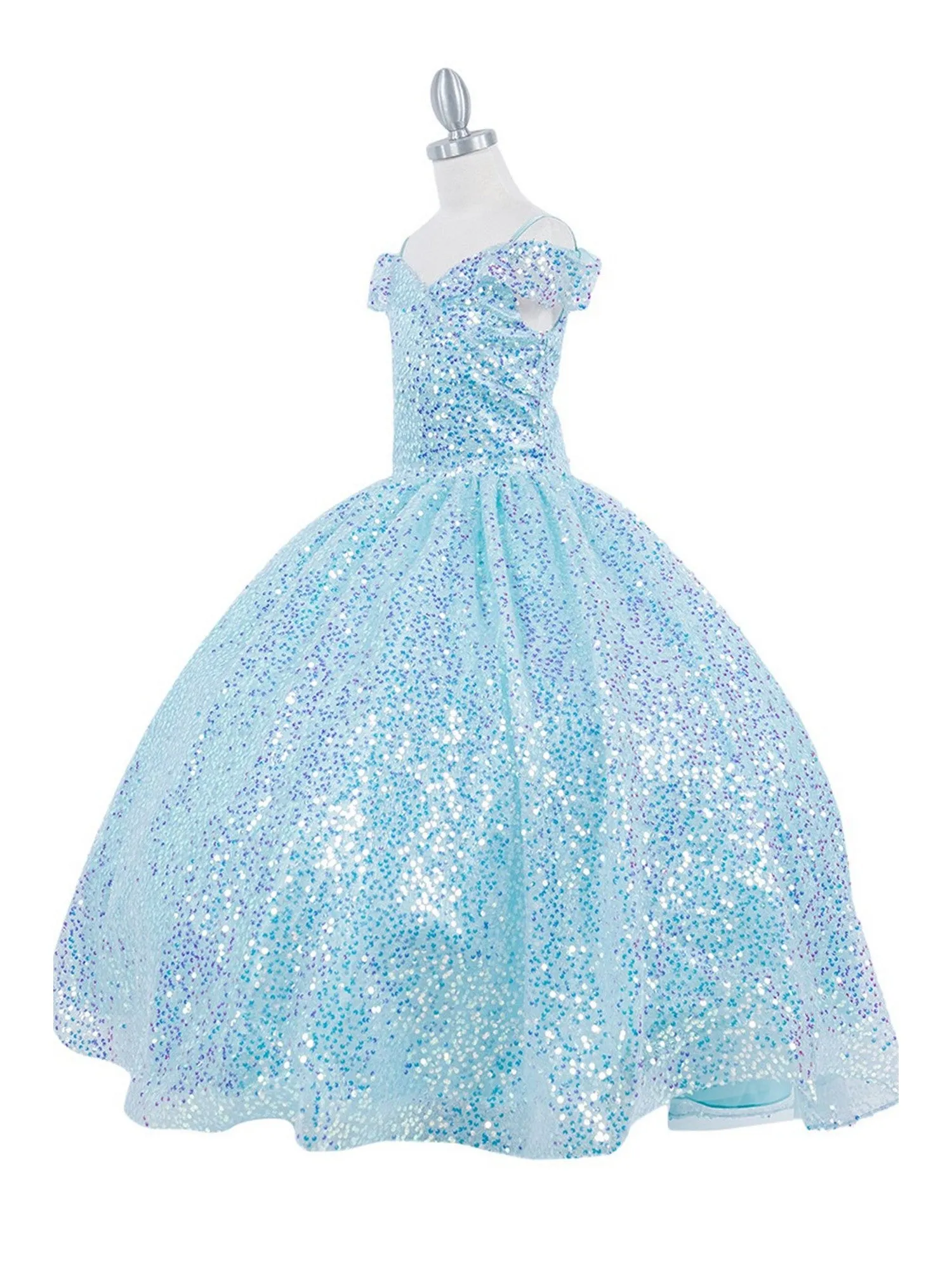 Girls Rainbow Sequin Glitter Tulle Off Shoulder Sweep Train Ball Gown, Size 8
