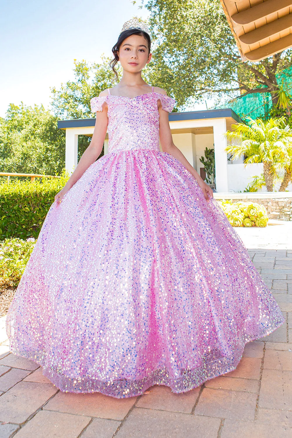 Girls Rainbow Sequin Glitter Tulle Off Shoulder Sweep Train Ball Gown, Size 8