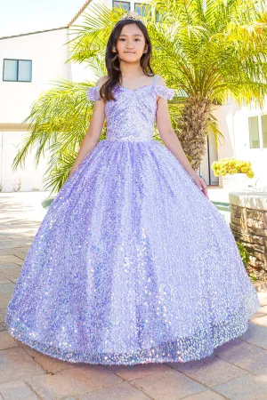 Girls Rainbow Sequin Glitter Tulle Off Shoulder Sweep Train Ball Gown, Size 8