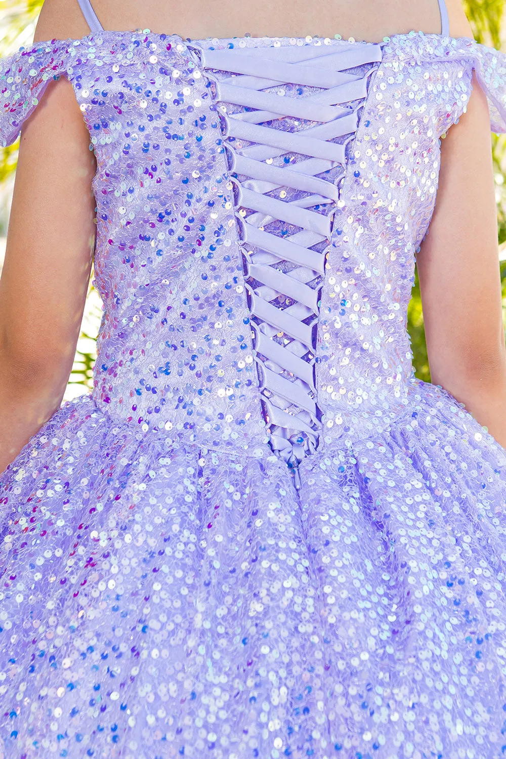 Girls Rainbow Sequin Glitter Tulle Off Shoulder Sweep Train Ball Gown, Size 8