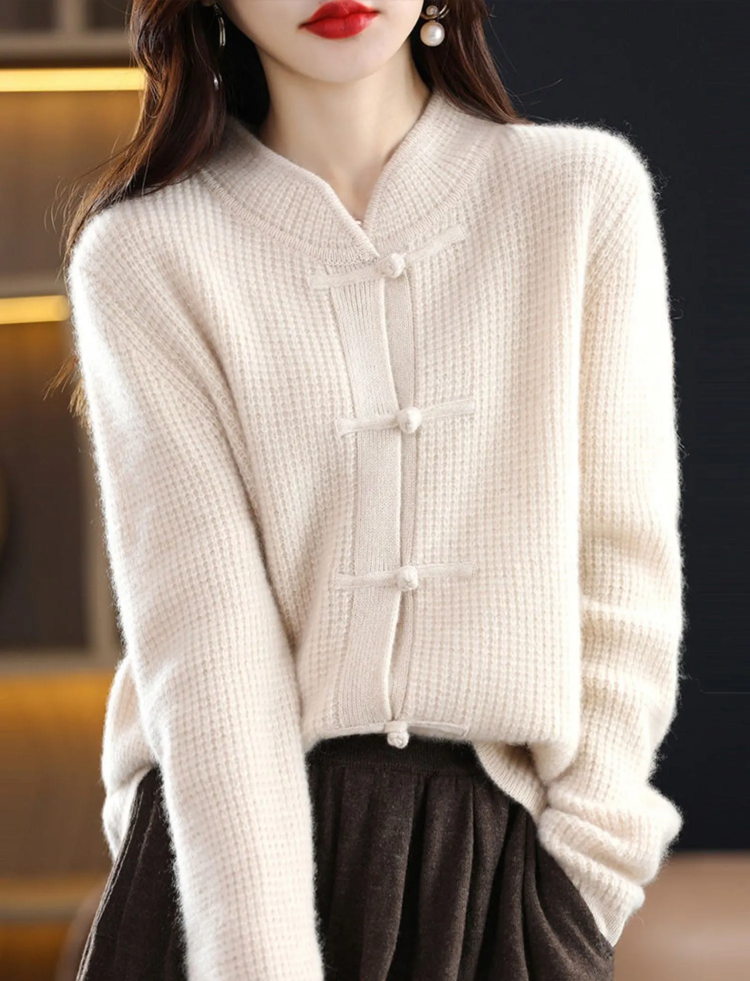 Half Turtleneck Button-up Knitted Sweater Jacket