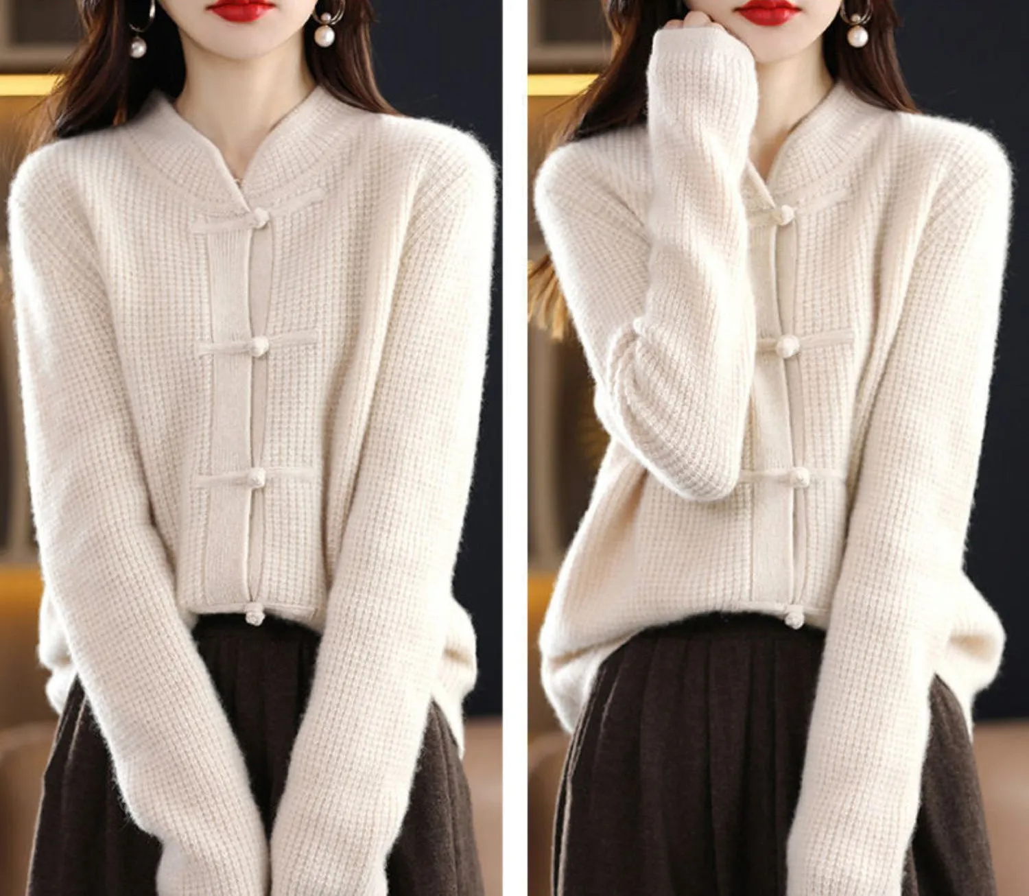 Half Turtleneck Button-up Knitted Sweater Jacket