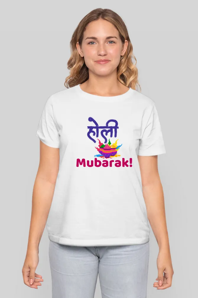 Holi Mubarak with colors T-shirt for women