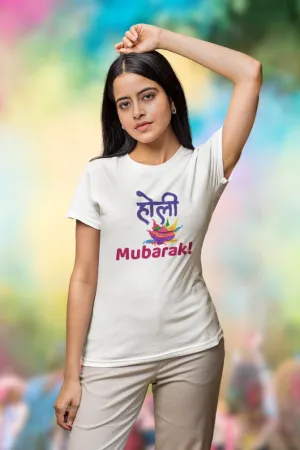 Holi Mubarak with colors T-shirt for women