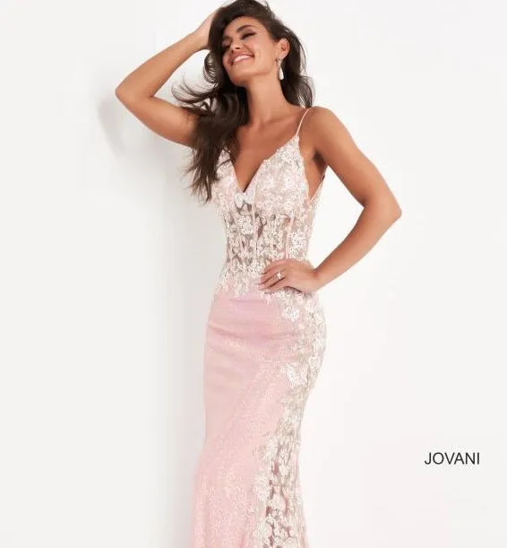 JOVANI 06232 Size 2 Long Fitted Sequin Sheer Corset Floral Prom Dress Sexy Pageant Gown