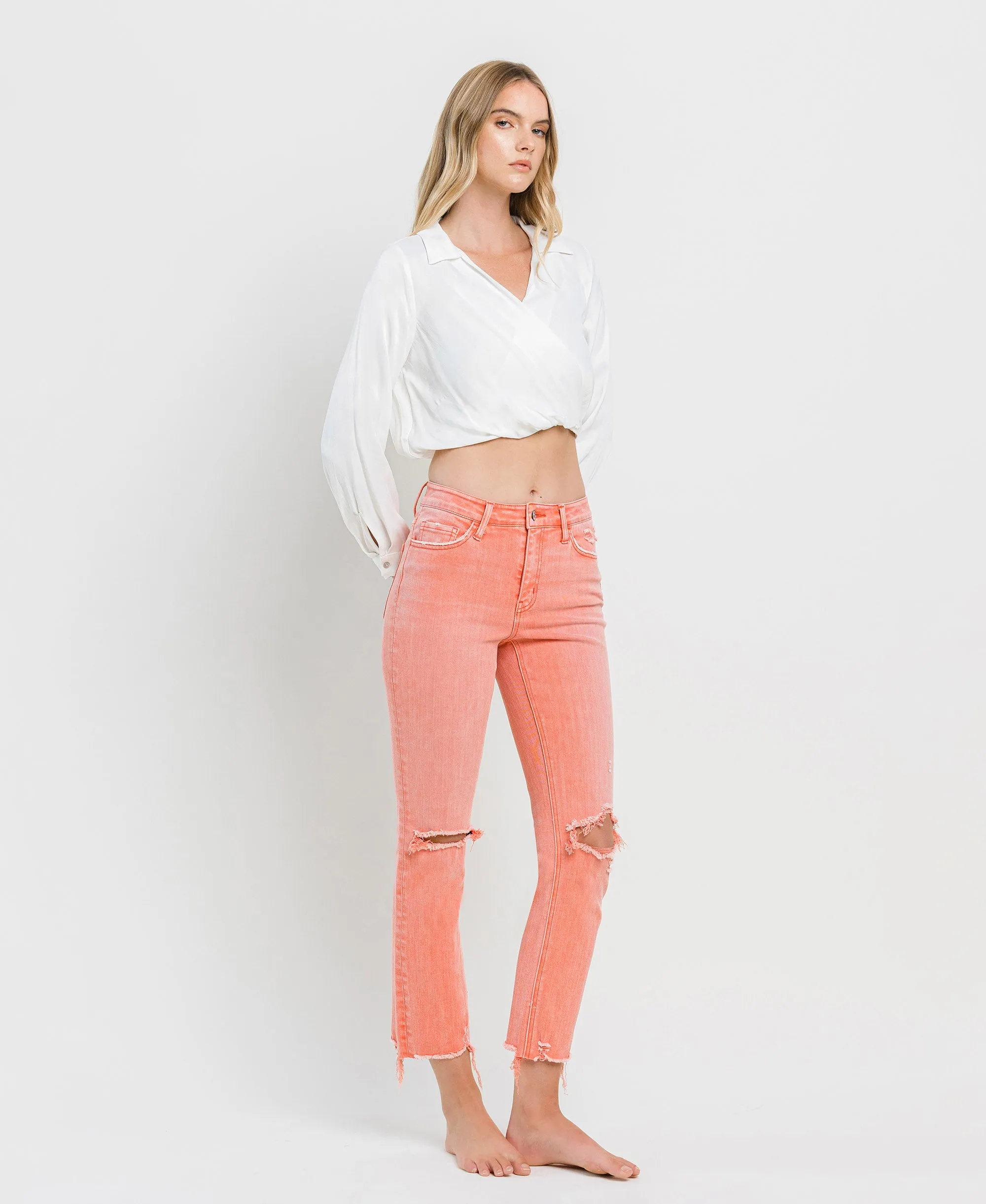 Lantana - High Rise Distressed Hem Crop Slim Straight Jeans