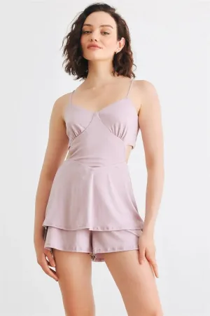 Lilac Sleeveless Strappy V-Neck Back Lace-Up Tier Romper /1-2-2-1