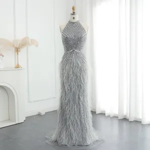 Luxury Beaded Feathers Silver Halter Evening Dress SS006