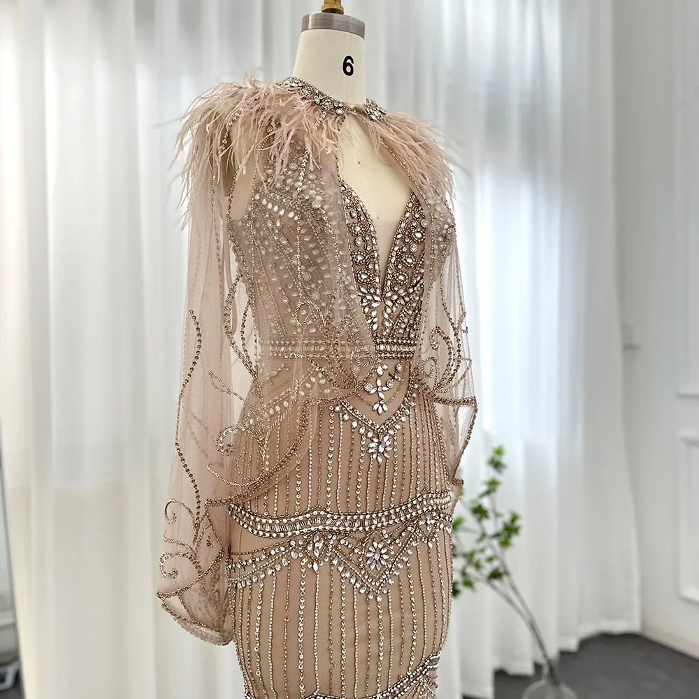 Luxury Champagne Feathers Shawl Cape Mermaid Evening Dress SS039