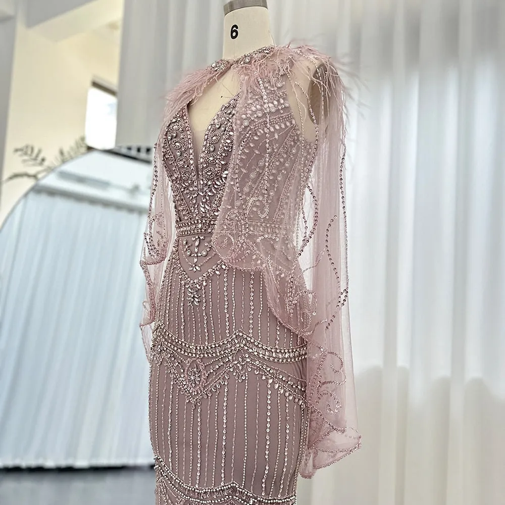 Luxury Champagne Feathers Shawl Cape Mermaid Evening Dress SS039