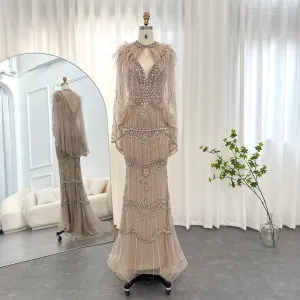 Luxury Champagne Feathers Shawl Cape Mermaid Evening Dress SS039