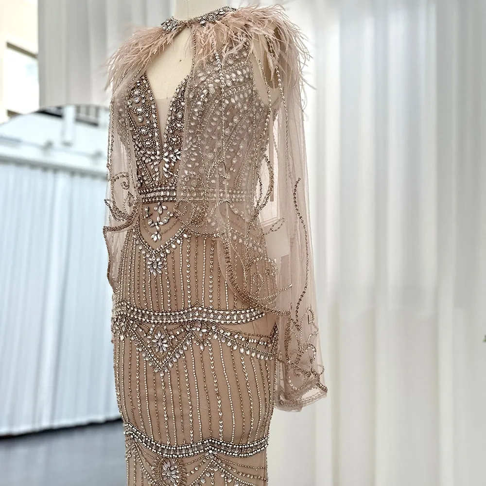 Luxury Champagne Feathers Shawl Cape Mermaid Evening Dress SS039