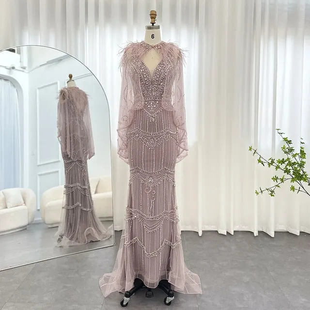 Luxury Champagne Feathers Shawl Cape Mermaid Evening Dress SS039