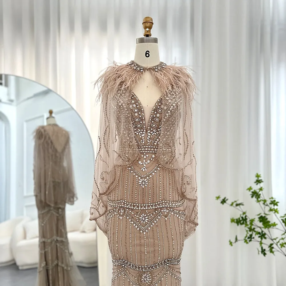 Luxury Champagne Feathers Shawl Cape Mermaid Evening Dress SS039