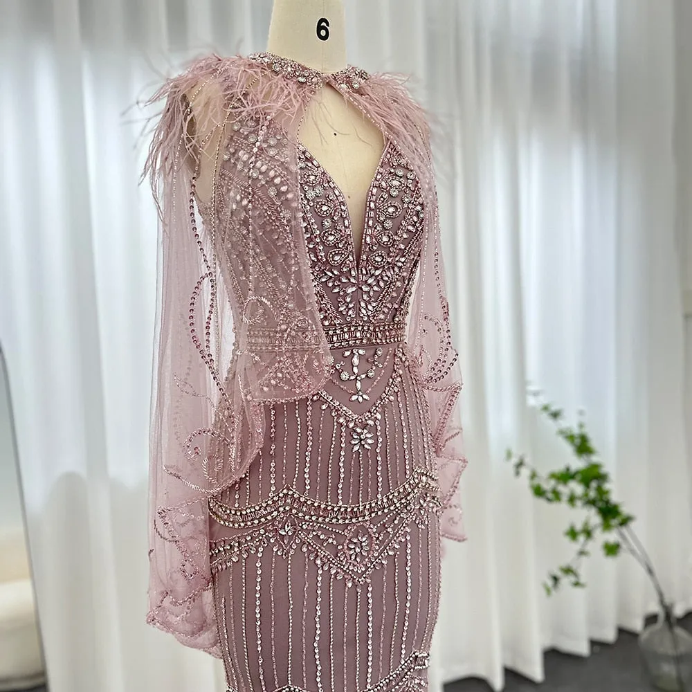 Luxury Champagne Feathers Shawl Cape Mermaid Evening Dress SS039