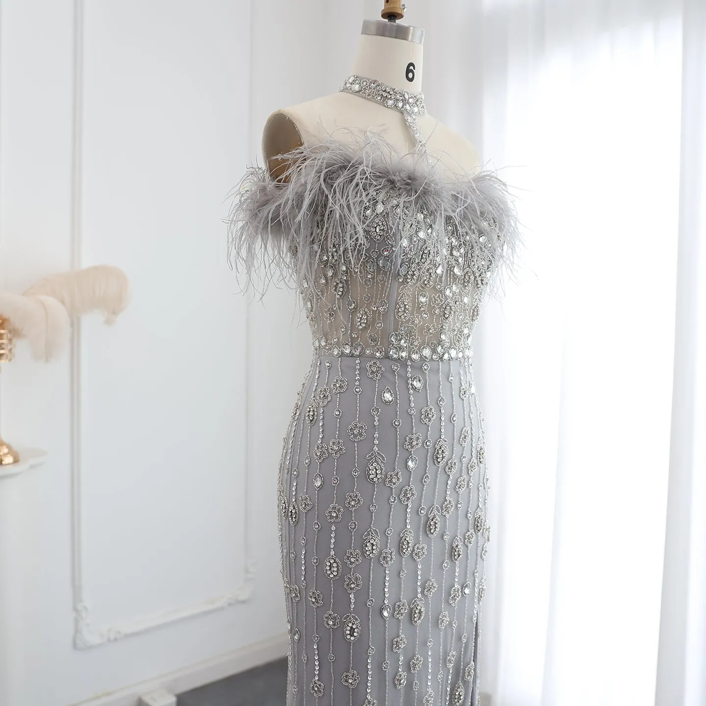 Luxury Feather Halter Mermaid Evening Dress SS176