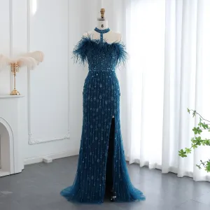 Luxury Feather Halter Mermaid Evening Dress SS176