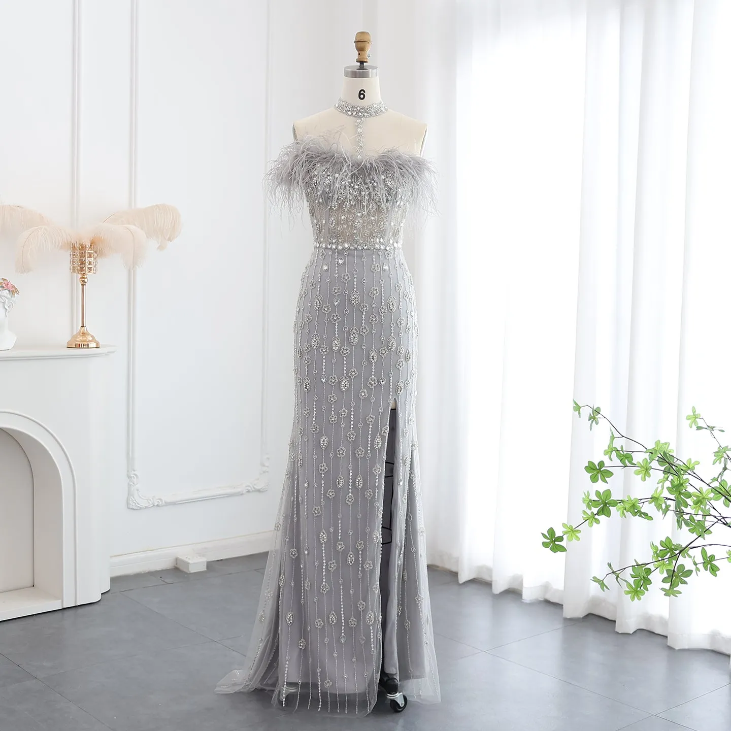 Luxury Feather Halter Mermaid Evening Dress SS176