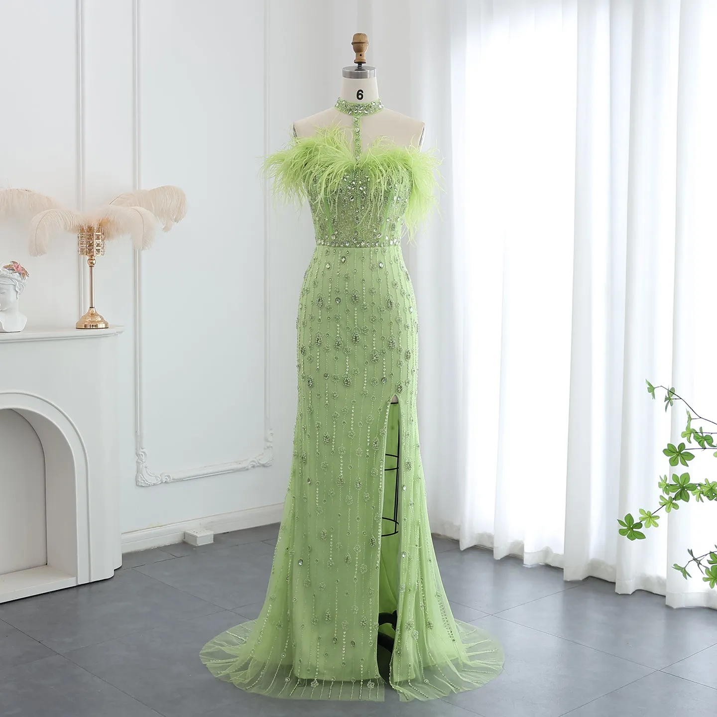 Luxury Feather Halter Mermaid Evening Dress SS176