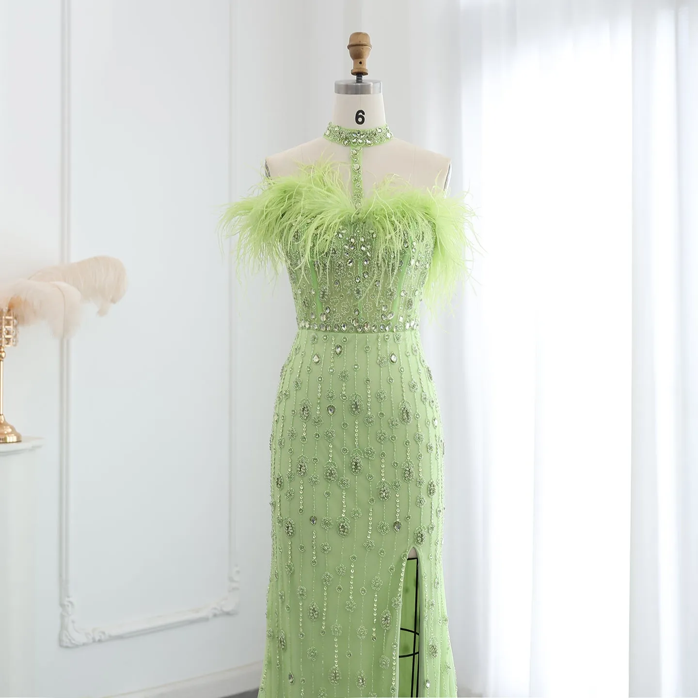 Luxury Feather Halter Mermaid Evening Dress SS176