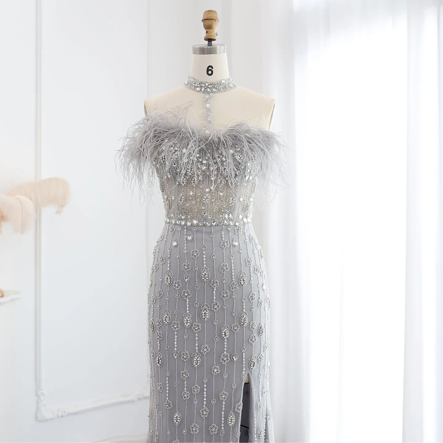Luxury Feather Halter Mermaid Evening Dress SS176