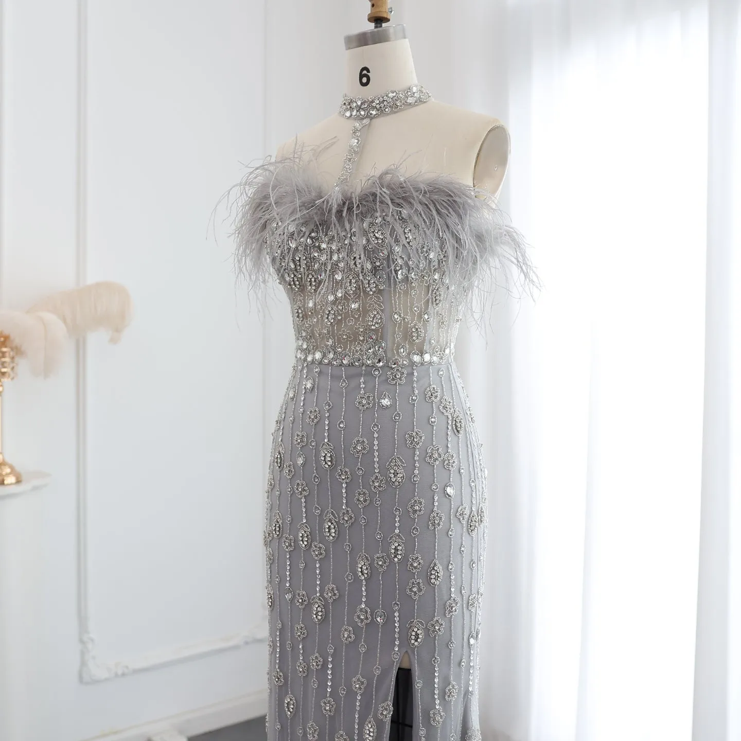 Luxury Feather Halter Mermaid Evening Dress SS176