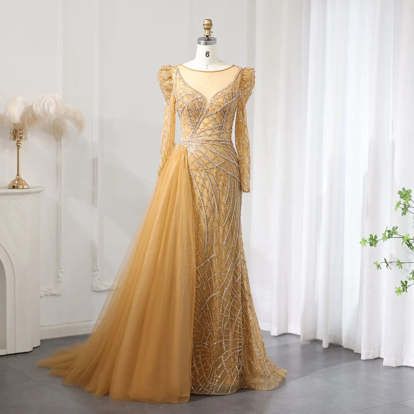 Luxury Gold Mermaid Evening Dresses with Overskirt SS048