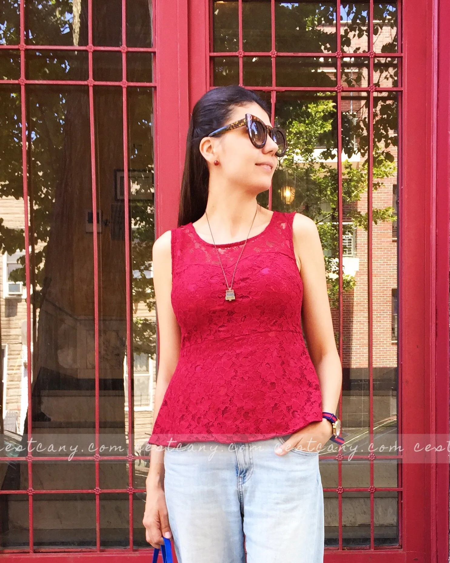 Lynn Wine Red Lace Peplum Top