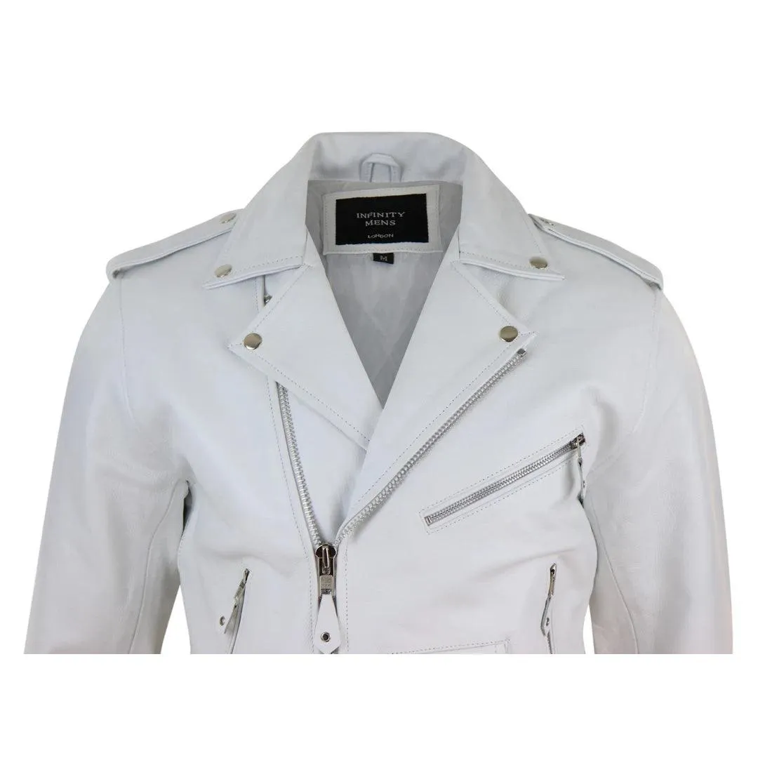 Mens Real Leather Biker Jacket Cross Zip Brando White Hide Grease Classic