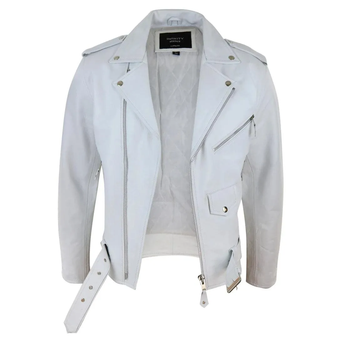 Mens Real Leather Biker Jacket Cross Zip Brando White Hide Grease Classic