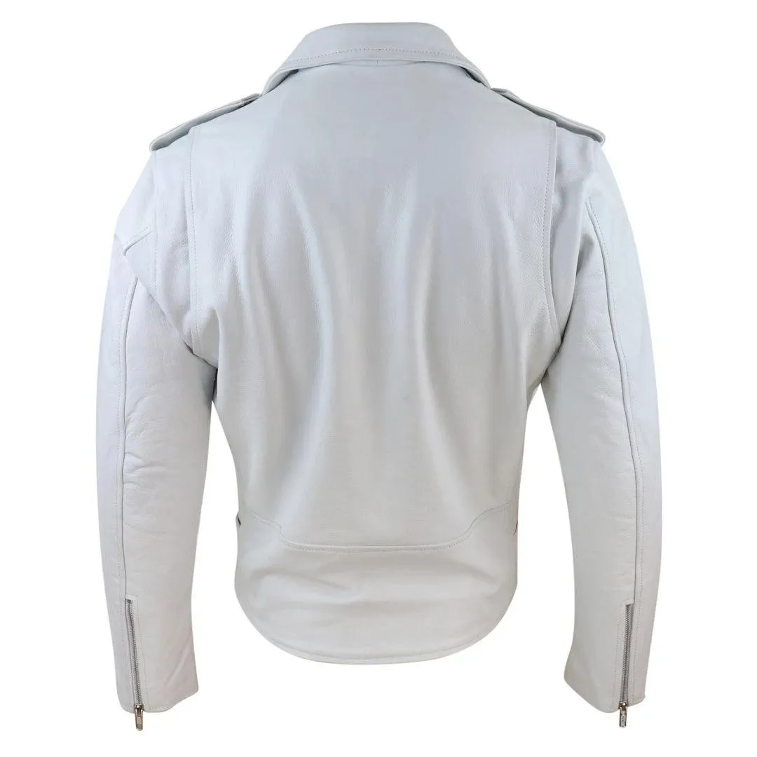 Mens Real Leather Biker Jacket Cross Zip Brando White Hide Grease Classic