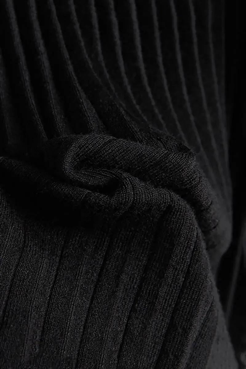 Merino Wool Rib Knit Pleated Midi Sweater Skirt