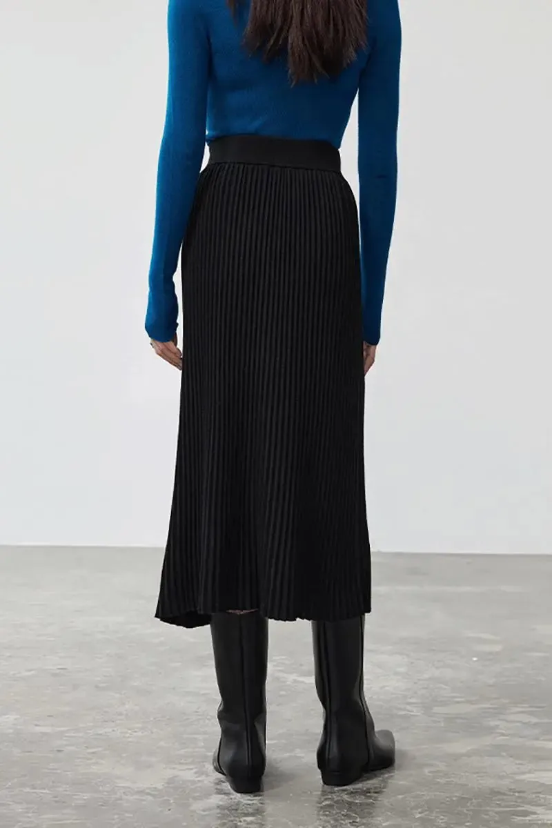 Merino Wool Rib Knit Pleated Midi Sweater Skirt