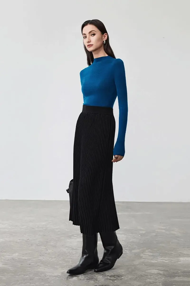 Merino Wool Rib Knit Pleated Midi Sweater Skirt