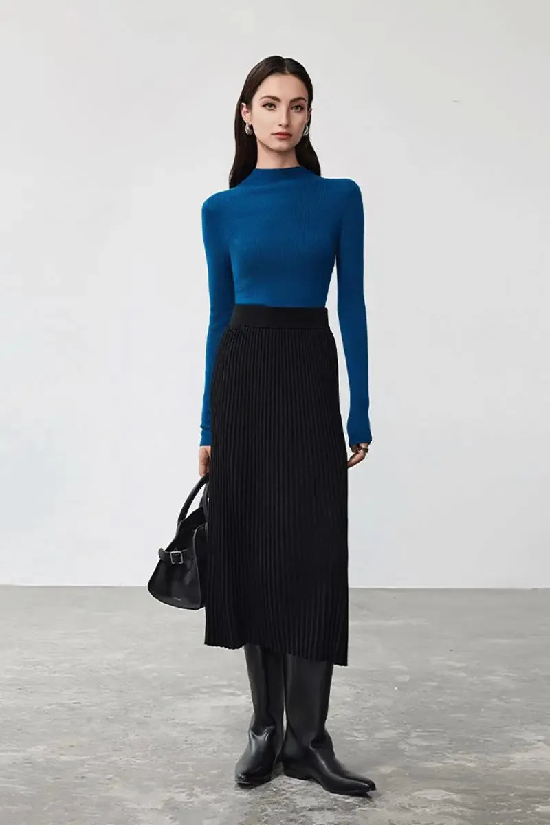 Merino Wool Rib Knit Pleated Midi Sweater Skirt