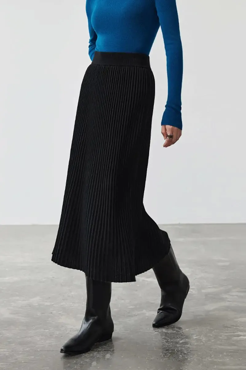 Merino Wool Rib Knit Pleated Midi Sweater Skirt