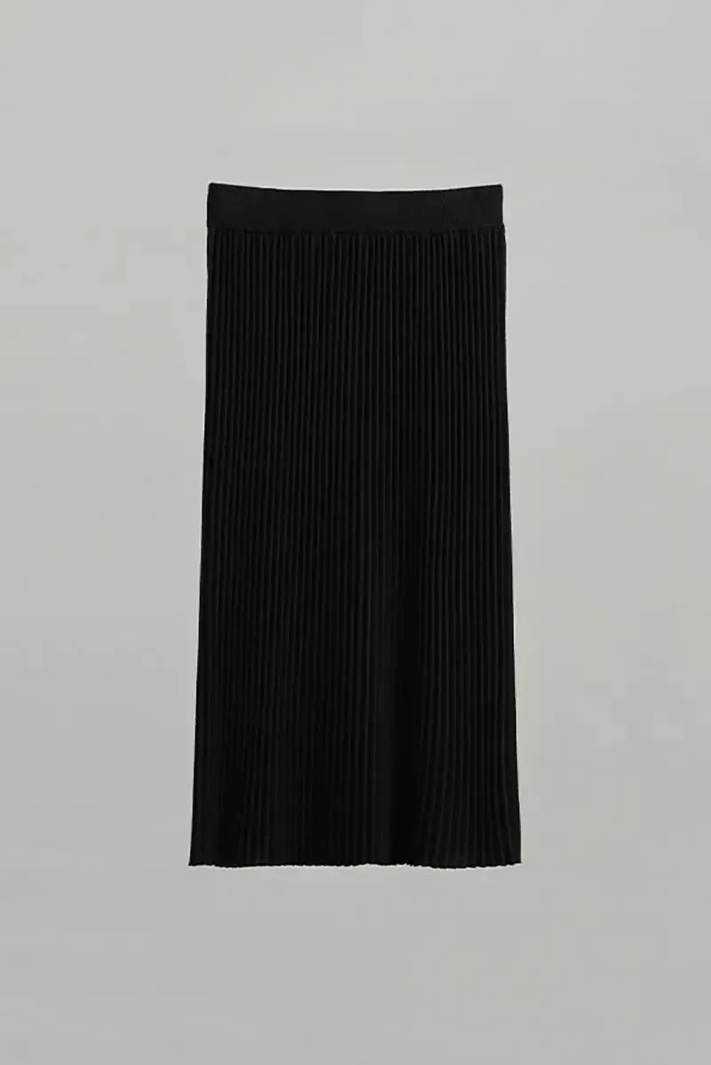 Merino Wool Rib Knit Pleated Midi Sweater Skirt