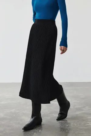 Merino Wool Rib Knit Pleated Midi Sweater Skirt