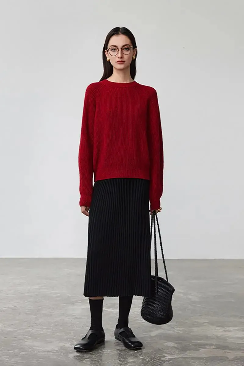 Merino Wool Rib Knit Pleated Midi Sweater Skirt