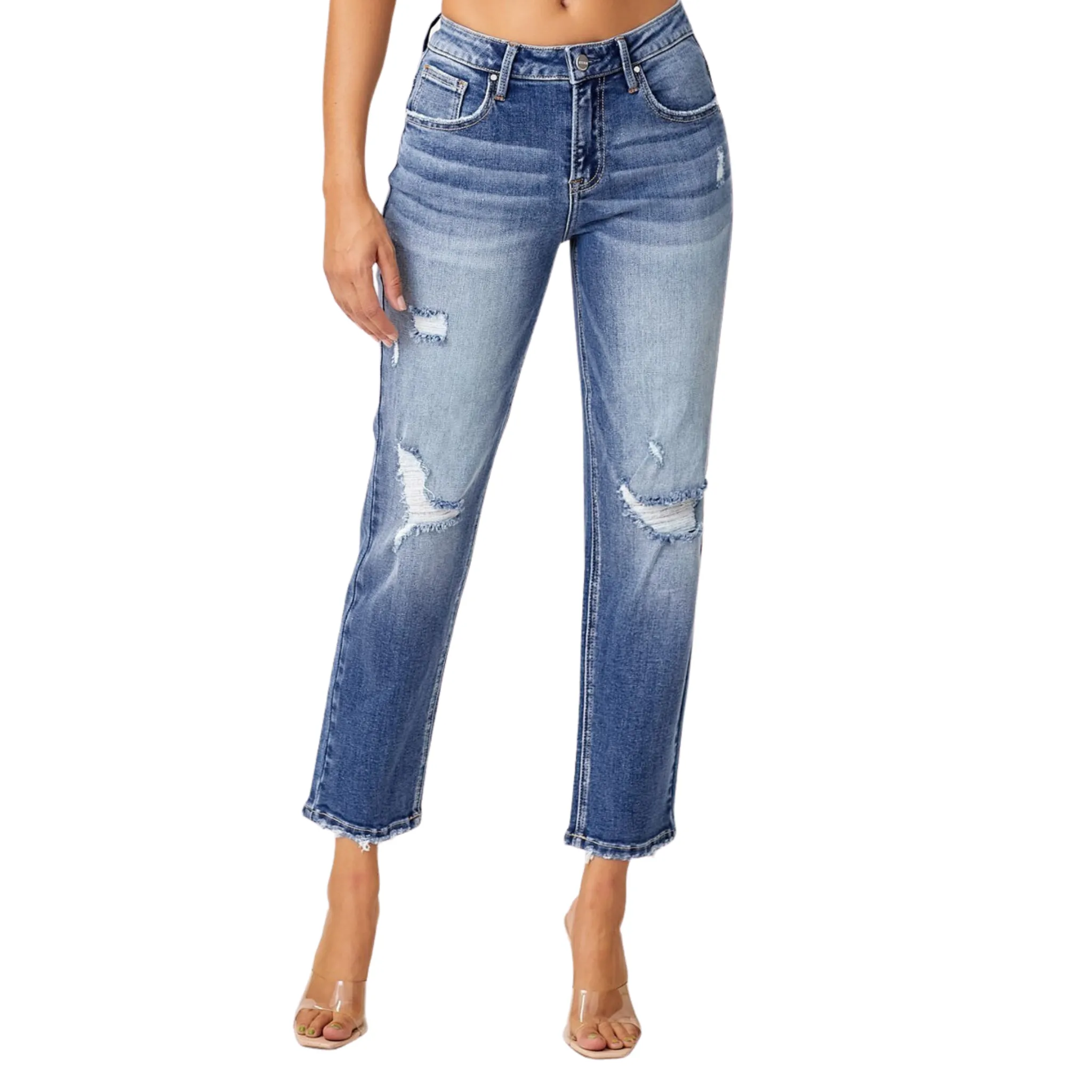 Mid Rise Distressed Boyfriend Jeans