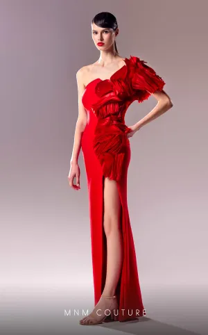 MNM Couture G1612 : One-Shoulder Red Dress with Avant-Garde Organdie Accents