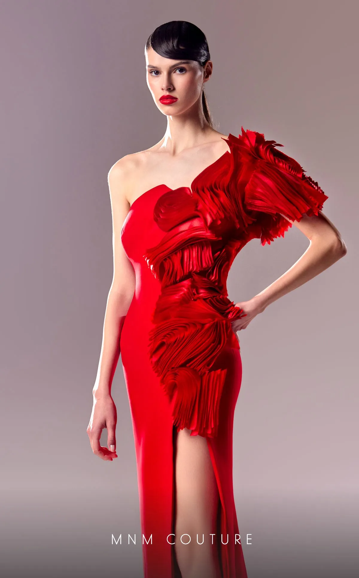MNM Couture G1612 : One-Shoulder Red Dress with Avant-Garde Organdie Accents