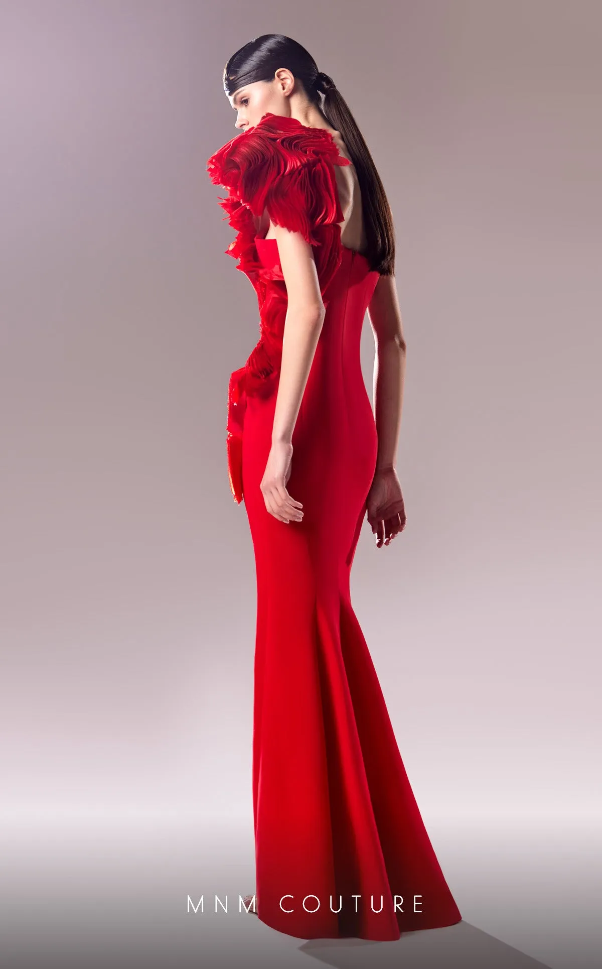 MNM Couture G1612 : One-Shoulder Red Dress with Avant-Garde Organdie Accents