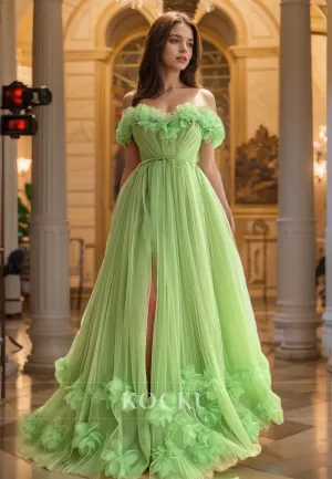 Off-Shpoulder A-Line Sleeveless Slit Train Pleats Lace Prom Dress with Floral Embossed Formal Gowns