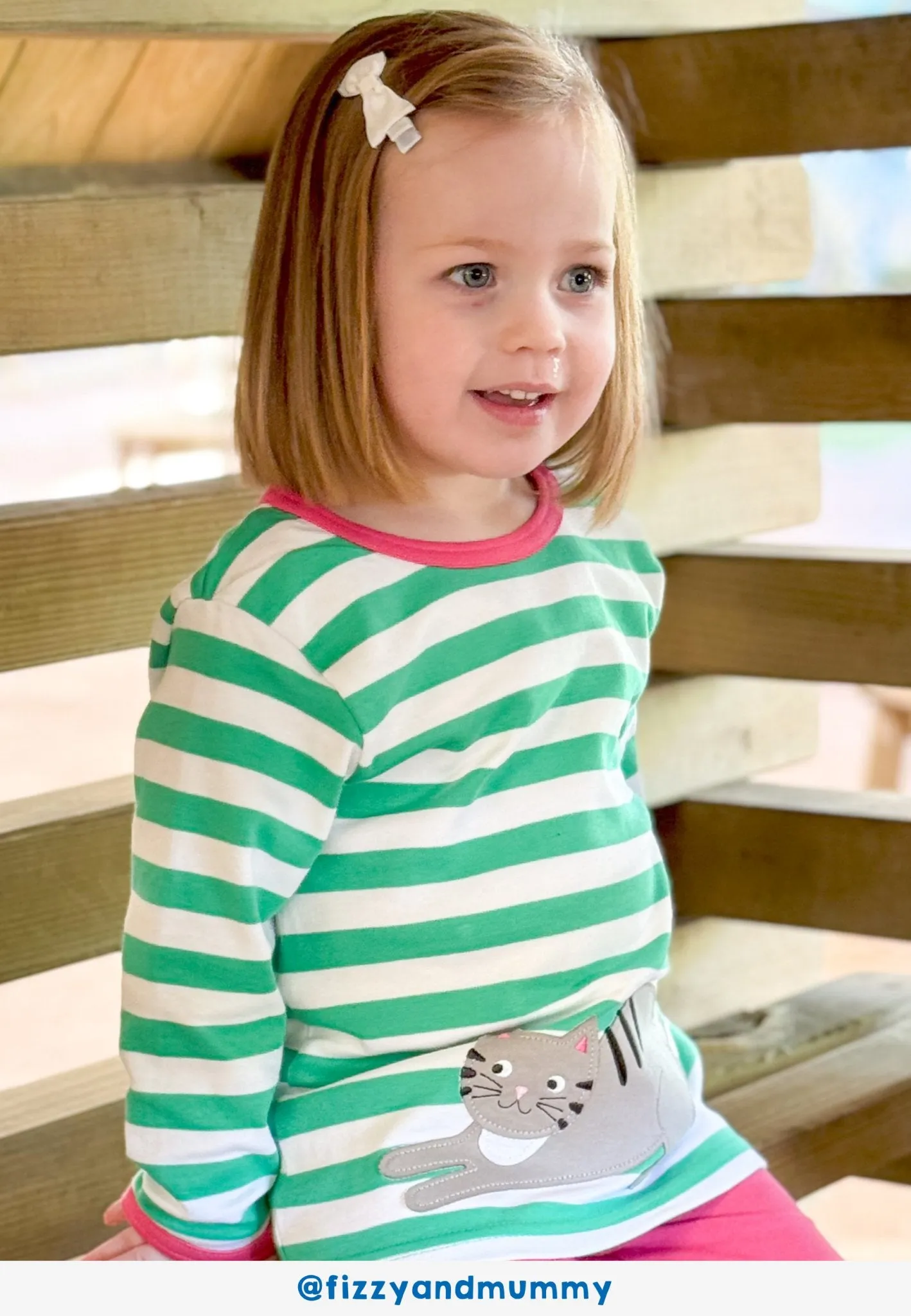Organic Green Kitten Applique Long-Sleeved T-Shirt