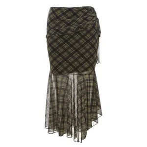 Plaid Asymmetrical Mesh Skirt