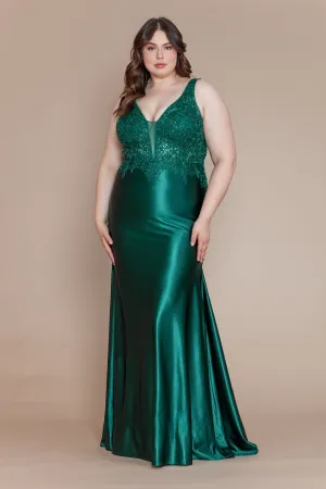 Plus Size Fitted Embroidered V-Neck Gown by Poly USA W1160
