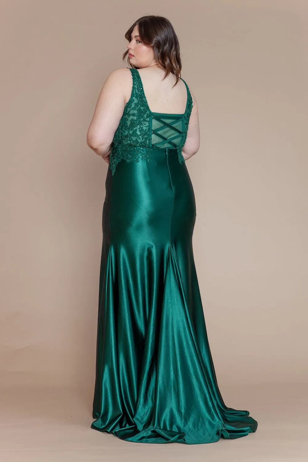Plus Size Fitted Embroidered V-Neck Gown by Poly USA W1160